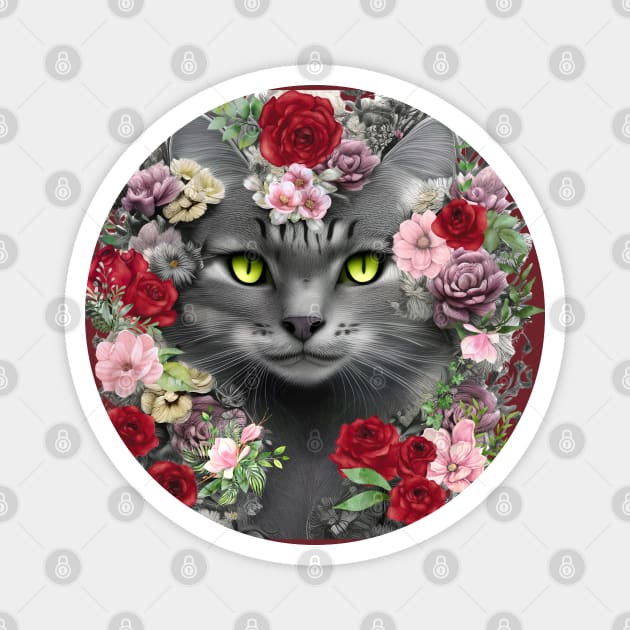 Beautiful Floral Gray Cat Magnet by Hypnotic Highs